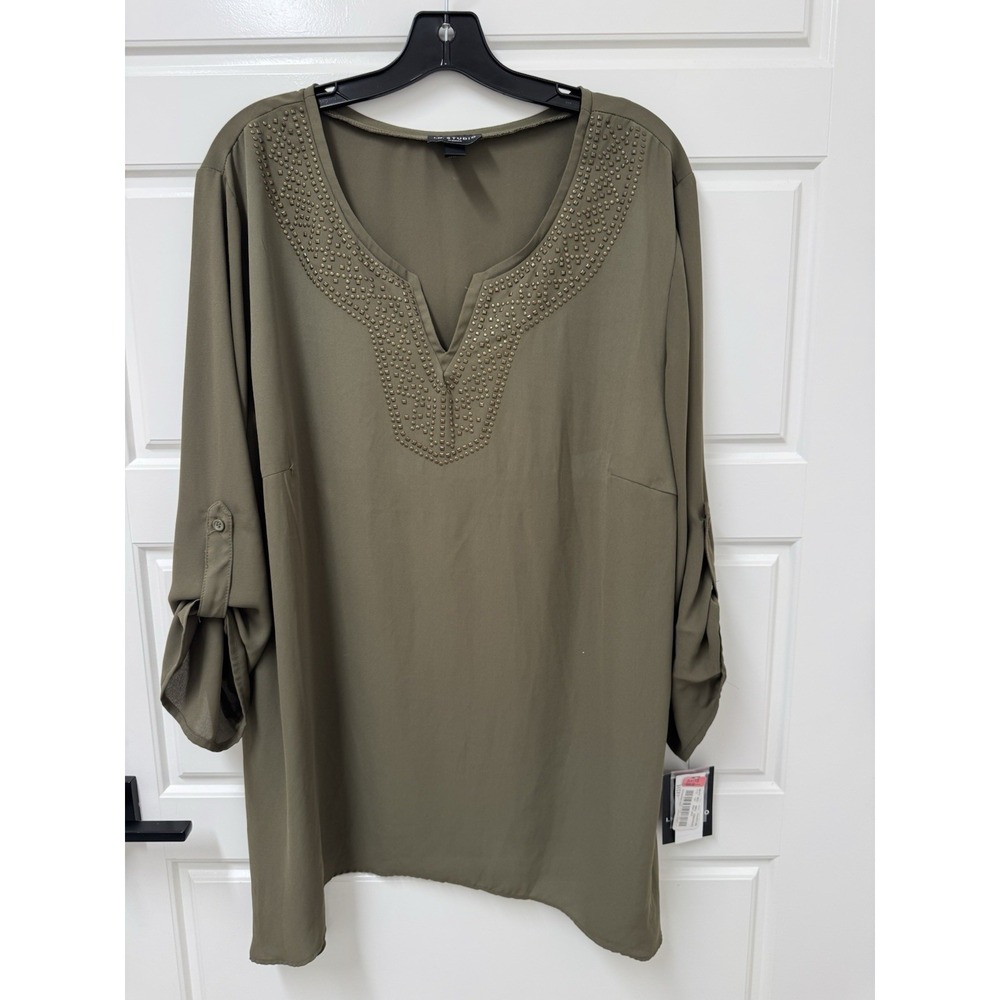 3X I.N. Studio Woman Blouse Top Pullover Green Beaded Sharkbite Hem New NWT A3